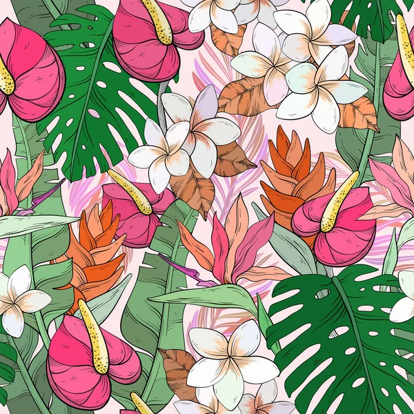 Tropikalny Bezszwowy Wzór Egzotycznymi Kwiatami Liśćmi Jasna Paleta Kolorów Elementy — Wektor stockowy
