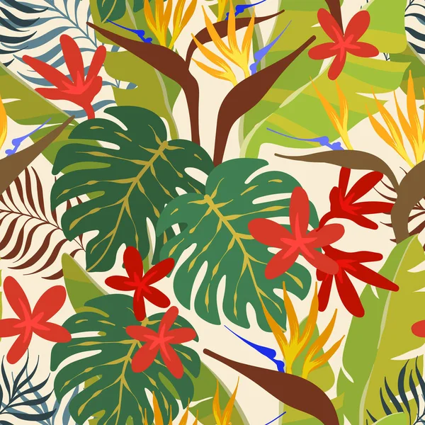 シームレスな熱帯パターン バナナの葉 ヤシの木と花 Print — ストックベクタ