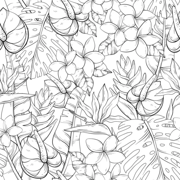 Tropical Seamless Pattern Exotic Black White Flowers Leaves Vector Elements — Stock Vector