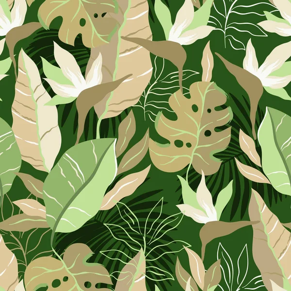 緑の背景に抽象的な楽園のエキゾチックなジャングルの植物の鳥とシームレスなパターン 現代的な花のシームレスなパターン ベクターイラスト — ストックベクタ