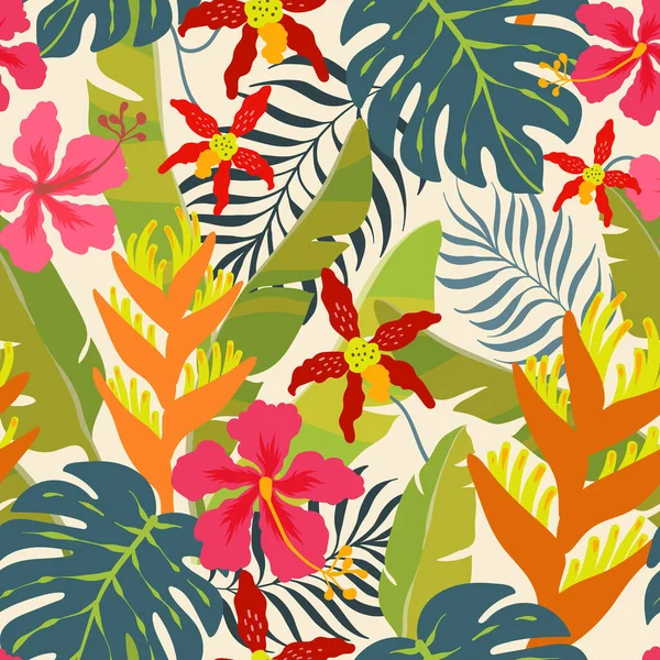 Letni Hawajski Bezszwowy Wzór Egzotycznymi Roślinami Tropikalnymi Kwiatami Hibiskusa Ilustracja — Wektor stockowy