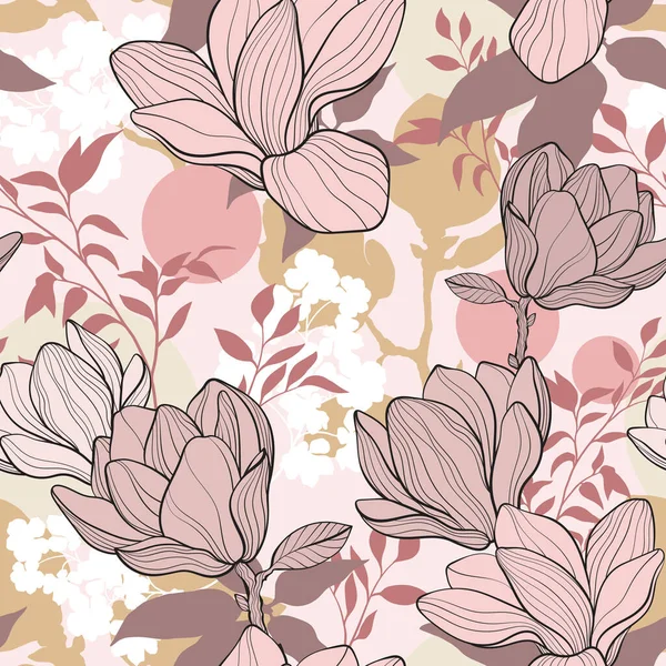 Floral Απρόσκοπτη Μοτίβο Όμορφα Λουλούδια Magnolia Εικονογράφηση Διανύσματος — Διανυσματικό Αρχείο