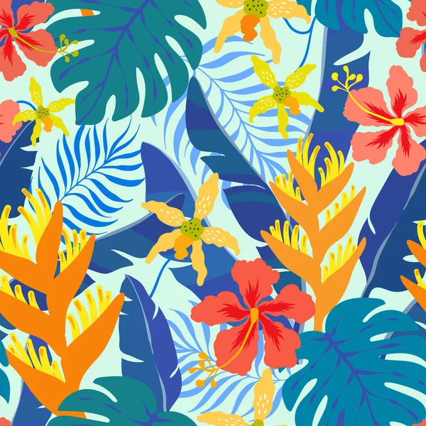 Letní Hladký Vzor Exotickými Tropickými Rostlinami Květy Ibišku Vektorová Ilustrace — Stockový vektor