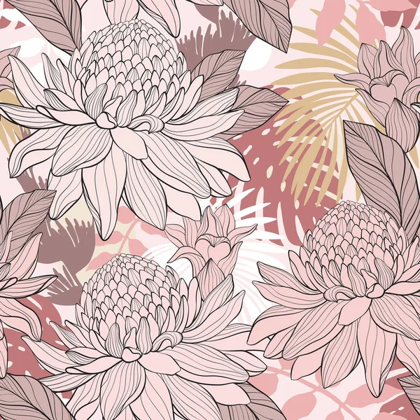 Patrón Sin Costura Floral Con Flores Elatior Antorcha Jengibre Etlingera — Archivo Imágenes Vectoriales