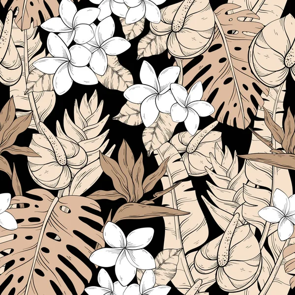 热带无缝图案与异国情调的花朵和叶子 米黄色的花朵在黑色背景 矢量要素 — 图库矢量图片