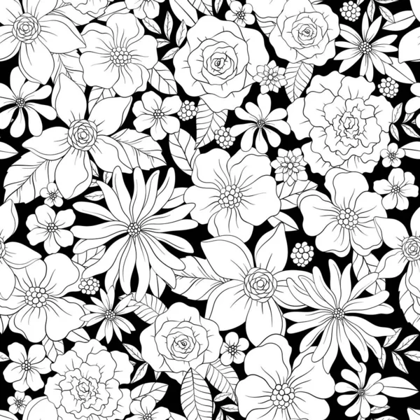 シームレスな花模様 野生の花で印刷します 小さな花や葉 黒と白と手描きの植物のデザイン ベクターイラスト — ストックベクタ