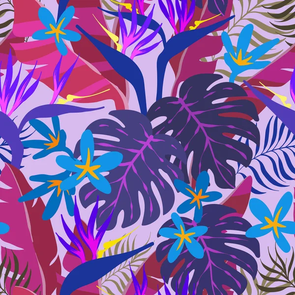 シームレスな熱帯パターン バナナの葉 ヤシの木と花 鳥の楽園 Print — ストックベクタ