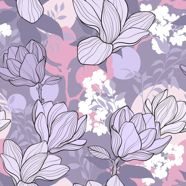 Floral Απρόσκοπτη Μοτίβο Όμορφα Λουλούδια Magnolia Λιλά Παστέλ Χρώματα Εικονογράφηση — Διανυσματικό Αρχείο