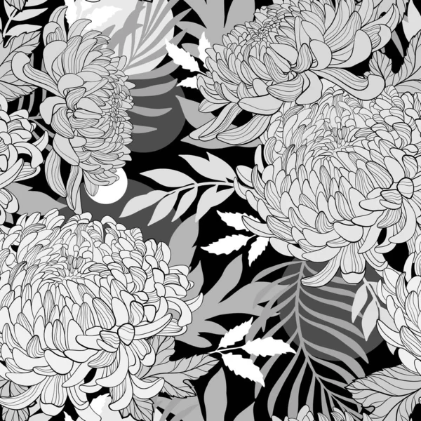 Vektor Zökkenőmentes Virágminta Japán Elegáns Krizantém Fekete Fehér Illusztráció Luxus — Stock Vector