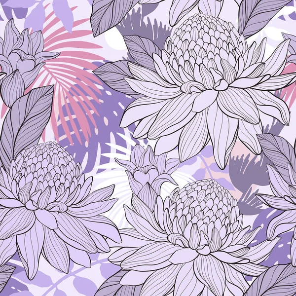 热带植物的无缝图案 火锅生姜白花 抽象手绘风格 矢量说明 — 图库矢量图片