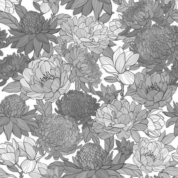 Patrón Monocromo Sin Costuras Con Varias Flores Peonía Crisantea Magnolia — Archivo Imágenes Vectoriales