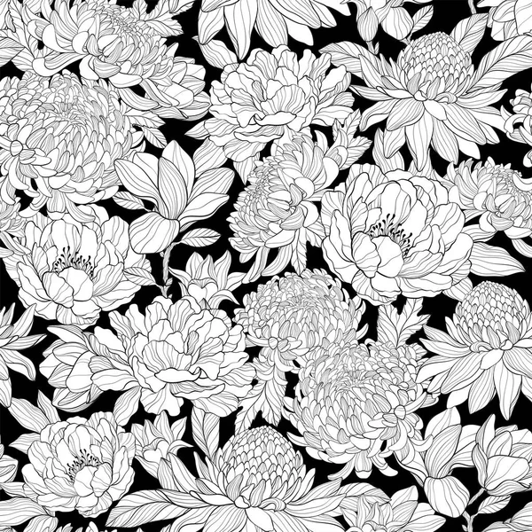 Bezešvé Černobílé Vzory Různými Květy Pivoňka Chrysantea Magnólie Zázvor Torch — Stockový vektor