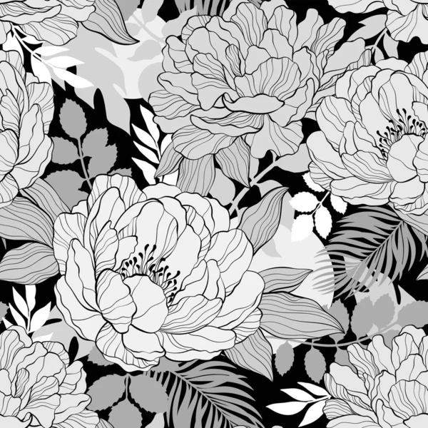ヴィンテージスタイルの牡丹の花と抽象シームレスな背景 黒と白 — ストックベクタ