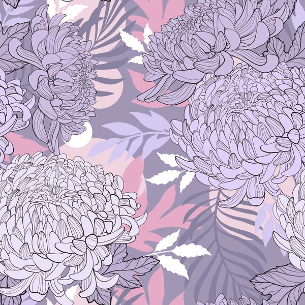 Векторный Бесшовный Цветочный Узор Японская Элегантная Хризантема Сиреневые Пастельные Цвета — стоковый вектор