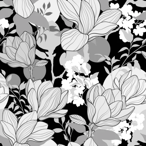 花的无缝图案与美丽的木兰花 黑色和白色的颜色 矢量说明 — 图库矢量图片