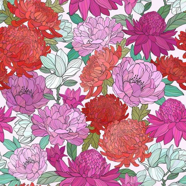 Modèle Sans Couture Avec Diverses Fleurs Pivoine Chrysantea Magnolia Gingembre — Image vectorielle