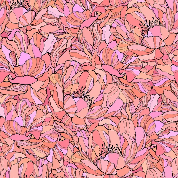 Лінійне Мистецтво Текстурований Безшовний Візерунок Квіткою Півонії Урожай Векторні Ілюстрації — стоковий вектор
