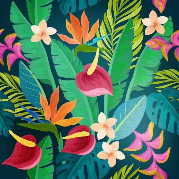 Бесшовный Узор Тропических Ярко Зеленых Листьев Пальм Цветков Райской Стрелицей — стоковый вектор