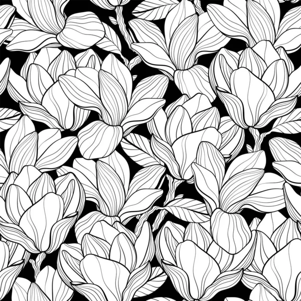 Esquema Floral Patrón Sin Costuras Con Flores Magnolia Ilustración Vectorial — Archivo Imágenes Vectoriales
