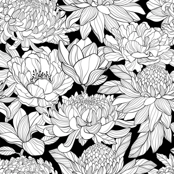 Seamless Pattern Black White Peony Chrysantea Magnolia Torch Ginger Etlingera — Stock Vector
