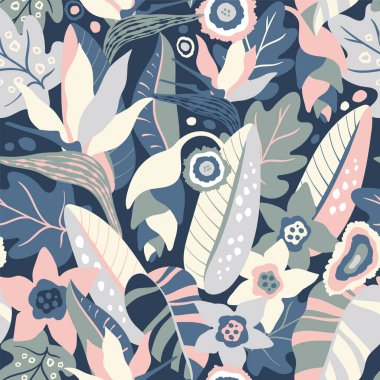 Soyut Orman bitkileri ve Cennet Kuşu çiçek desenleri. Kusursuz modern çiçek desenli. Vektör illüstrasyonu.