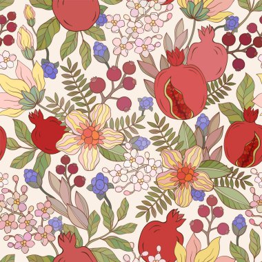 Kırmızı taşsız desenli vektör çizimi. Nar kepekli meyve, yapraklar ve çiçekler..
