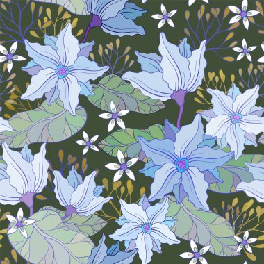 Su zambakları, diğer su bitkileri ve çiçeklerle kusursuz desen.