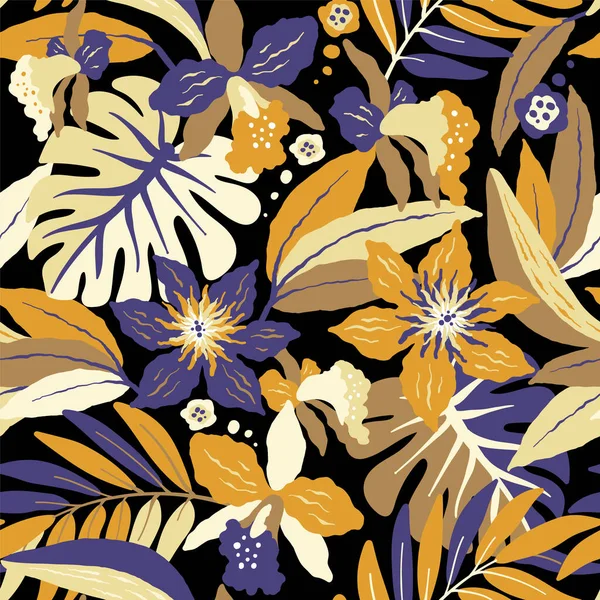 Naadloos Abstract Patroon Met Tropische Bladeren Bloemen Zwarte Achtergrond Jungle — Stockvector