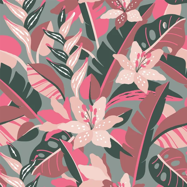 Nahtlose Abstrakte Muster Mit Tropischen Blättern Lilienblüten Vektor Moderne Fillustration — Stockvektor