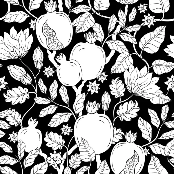 黒と白のポメグラン酸ガーネットの葉と花のパターン 赤いガーネットシームレスなパターンベクターイラスト ポメグラン酸ガーネットフルーツ — ストックベクタ