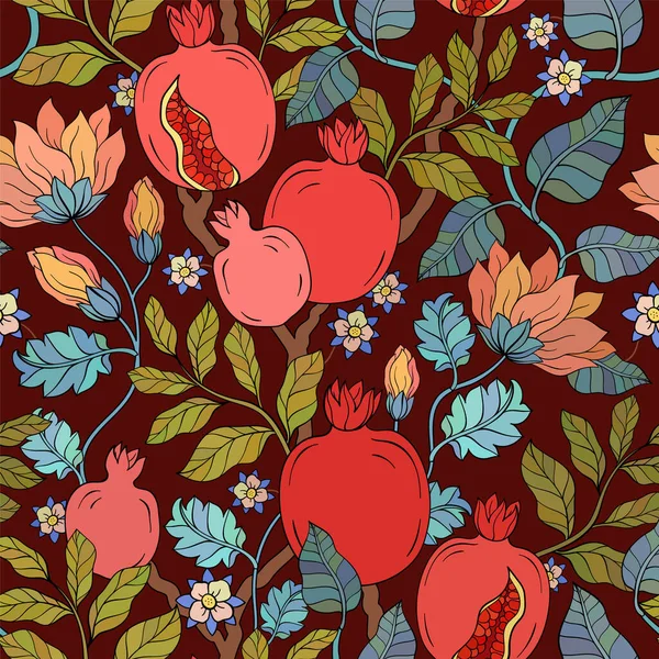 ガーネットの葉と花のパターン 赤いガーネットシームレスなパターンベクターイラスト ポメグラン酸ガーネットフルーツ ロイヤリティフリーのストックイラスト