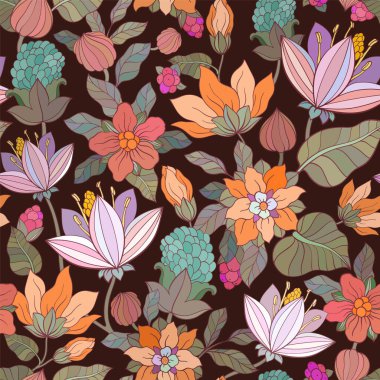 Çiçekli çayır, kusursuz desen. Karanlık arka plan. Sahada bir sürü farklı çiçek var. Vektör çiçek tasarımı