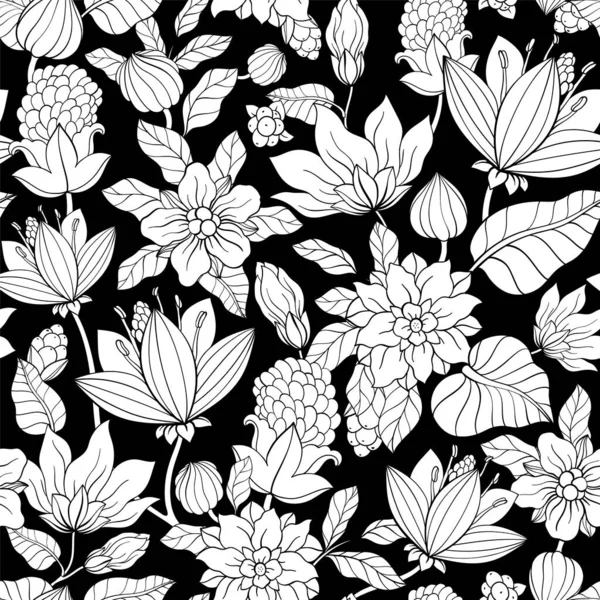 Çiçekli Çayır Kusursuz Desen Siyah Beyaz Bitki Arka Planı Sahada — Stok Vektör