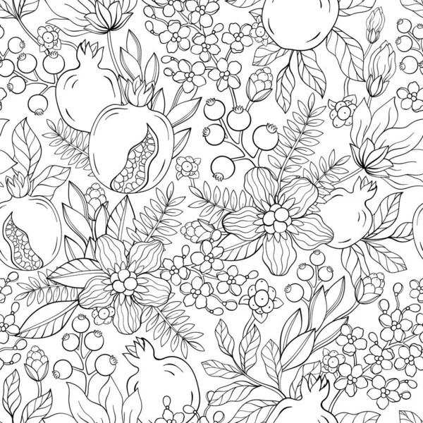 ガーネットシームレスパターンベクトルイラスト ポメグラン酸ガーネットフルーツ 葉と花 ブラック ホワイト ベクターグラフィックス