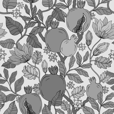 Tek renkli nar yaprağı ve çiçek desenli. Kırmızı taşsız desenli vektör çizimi. Nar kepeği meyvesi..