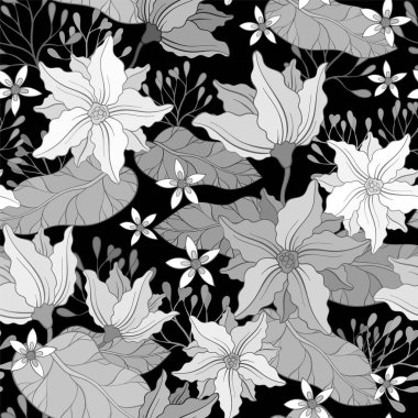 Su zambaklarıyla kusursuz pastel desenli, siyah arkaplan. Vektör illüstrasyonu