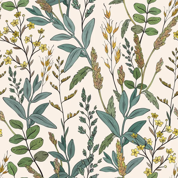 緑色の野生のハーブとシームレスなパターン 小麦のスパイシーツ 手描きベクターイラスト — ストックベクタ
