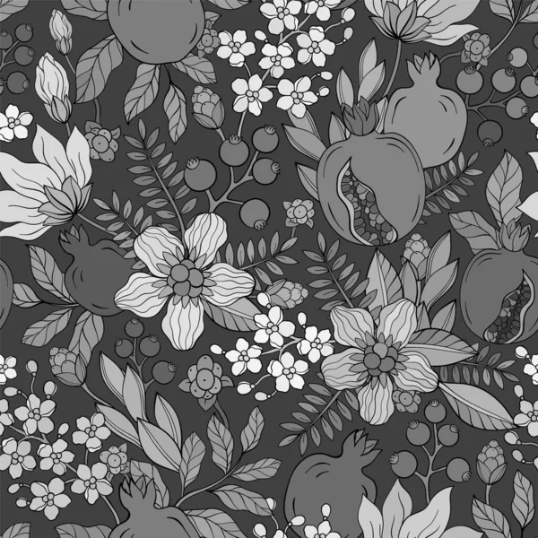 モノクロガーネットシームレスパターンベクターイラスト ポメグラネート ガーネットフルーツ 葉と花 — ストックベクタ