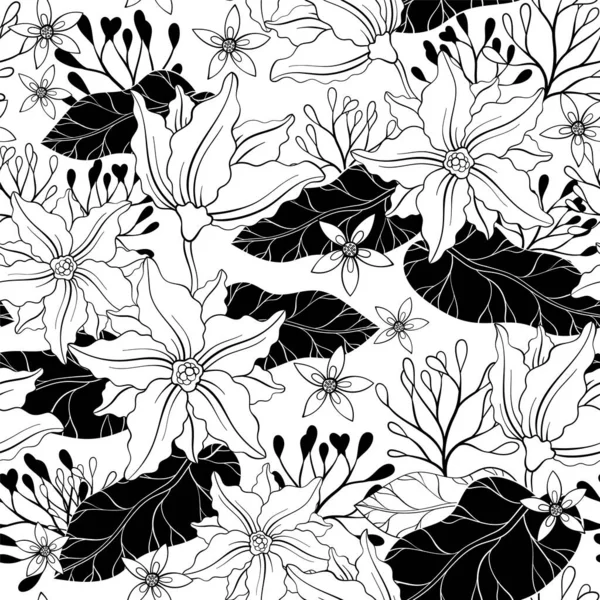 水のユリと水と花が付いているシームレスな黒と白のパターン — ストックベクタ