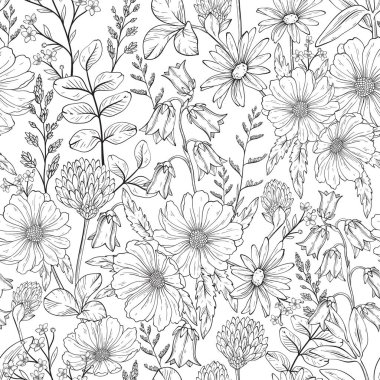 Farklı yabani otlardan, çiçeklerden ya da bitkilerden oluşan kusursuz siyah ve beyaz desenler gerçekçi, doğal bir şekilde. Botanik Vektör el çizimi