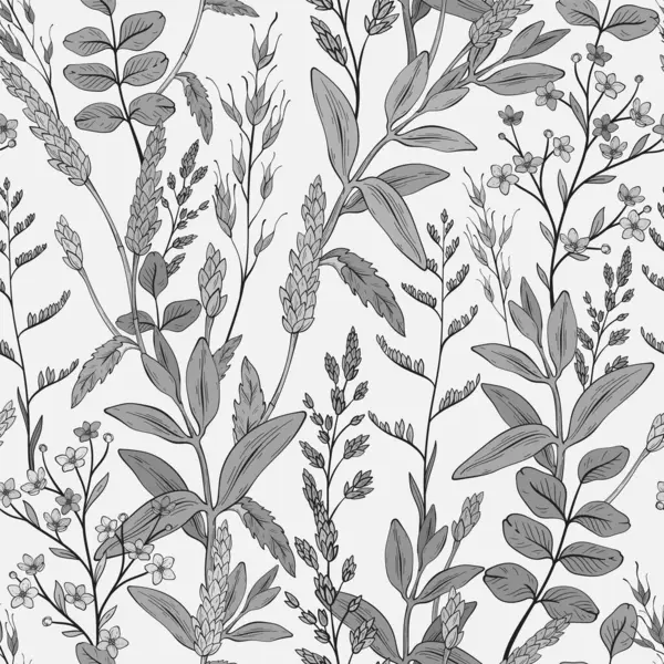 Бесшовный Монохромный Рисунок Зелеными Дикими Травами Пшеничными Шипами Векторная Иллюстрация — стоковый вектор