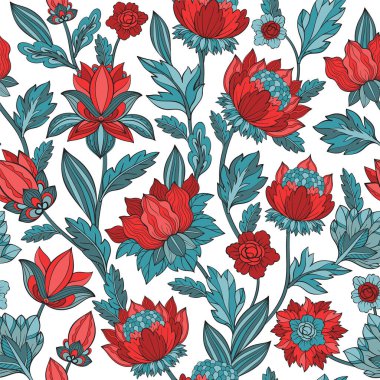 Dekoratif çiçek ve yapraklı bitkisel vektör dokusu. Kusursuz desen