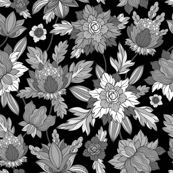 Floral Outline Monochrome Vector Ontwerp Met Decoratieve Bloemen Bladeren Naadloos — Stockvector