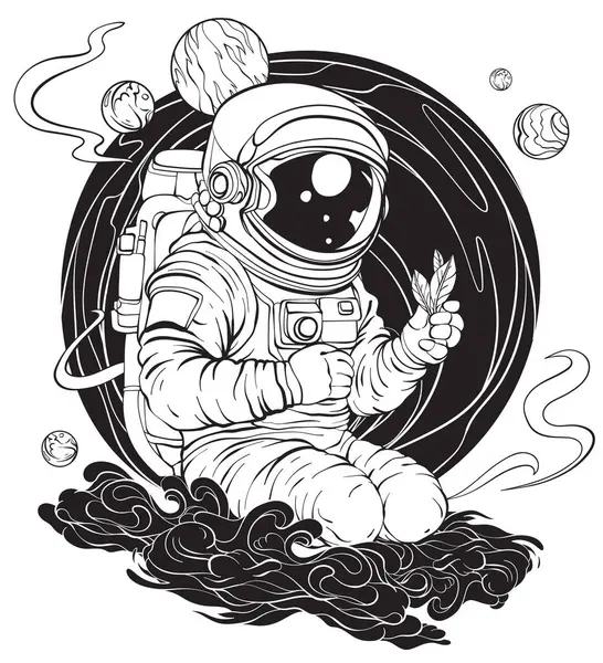 Ilustración Blanco Negro Con Astronauta Sosteniendo Una Planta Mano Contra — Archivo Imágenes Vectoriales