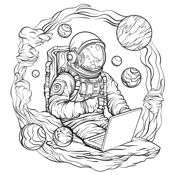 Űrhajós Űrruhában Laptoppal Dolgozik Univerzum Bolygók Háttérben Vektor Illusztráció Vázlat — Stock Vector