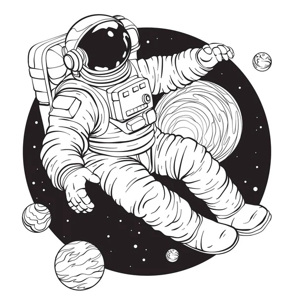 Astronauta Blanco Negro Con Traje Espacial Vuela Contra Espacio Junto — Archivo Imágenes Vectoriales