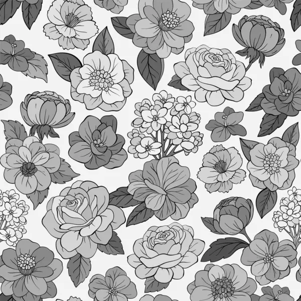 Безшовний Монохромний Візерунок Квітковими Елементами Квітка Листя Векторні Ілюстрації — стоковий вектор