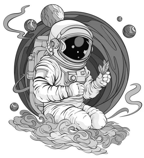 Monochromatická Ilustrace Astronautem Držícím Ruce Rostlinu Pozadí Planety Hvězdné Mraky Stock Vektory