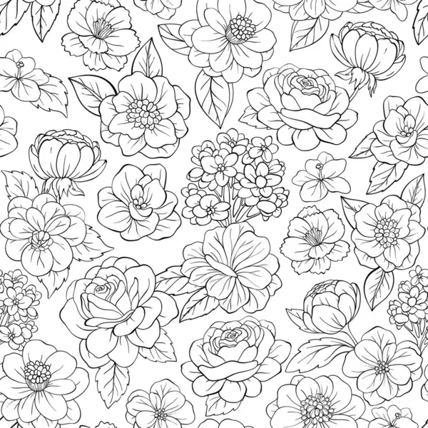 Seamless Outline Pattern Floral Elements Flower Leaves Vector Illustration Stock Illustration