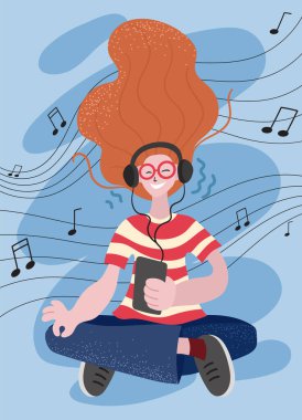 Yoga yapan, müzik dinleyen, Lotus pozisyonunda kablosuz kulaklıklı kadın karakter, meditasyon konsepti, vektör düz illüstrasyon